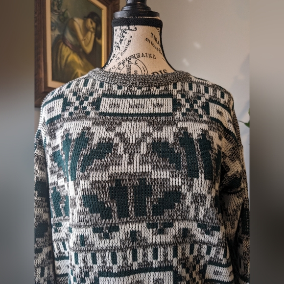 1990s Vintage Unisex Grey Green Geometric Sweater Size Medium - Picture 5 of 7
